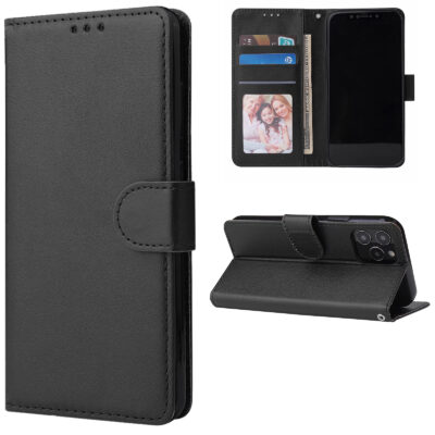 Photos de trois téléphones ! a gauche un étui de téléphone noir à clapet. En haut à droite un étui de téléphone ouvert avec des cartes de crédit à l'intérieur. En bas à droite l'étui de téléphone rabattu.