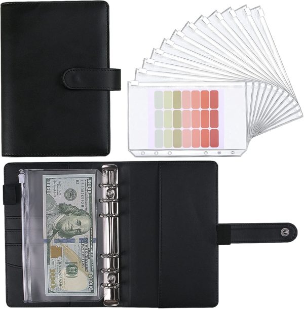 Portefeuille enveloppe budget noir représenté fermé et ouvert sur un fond blanc avec les pochettes.