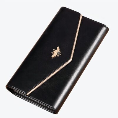 Long portefeuille noir en cuir à fermoir abeille.