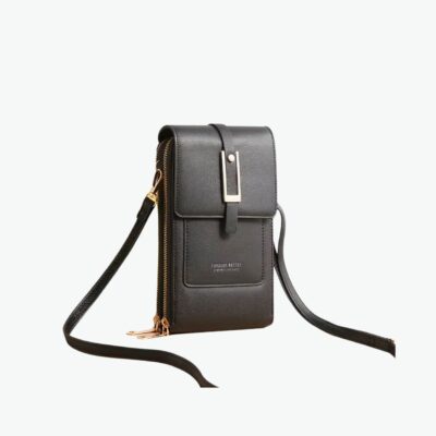 Magnifique sac portefeuille en similicuir noir et aux finitions dorées.