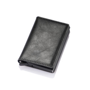 mini portefeuille noir en cuir synthétique et métal