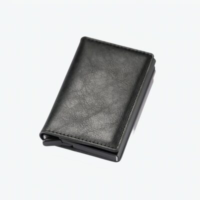 mini portefeuille noir en cuir synthétique et métal