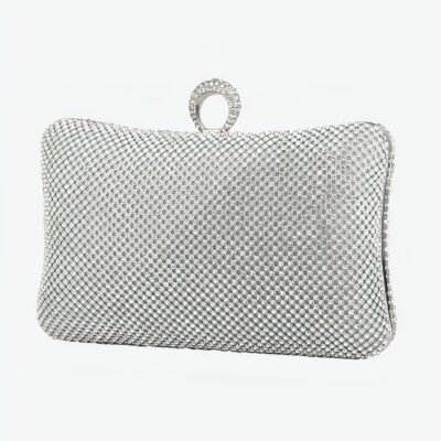 Pochette de soirée argentée sur fond blanc.