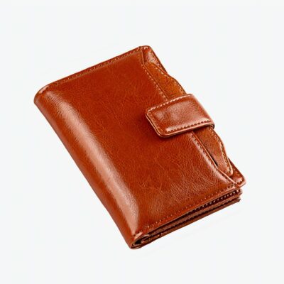 Portefeuille rétro marron en cuir véritable femme, sur fond orange