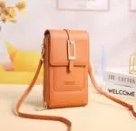 Joli sac portefeuille marron clair avec une boucle et un emplacement pour téléphone.