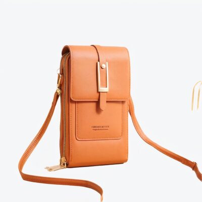 Joli sac portefeuille marron clair avec une boucle et un emplacement pour téléphone.