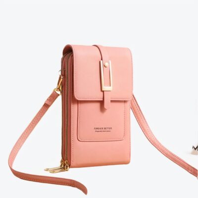 Joli sac portefeuille rose avec boucle et emplacement pour téléphone.