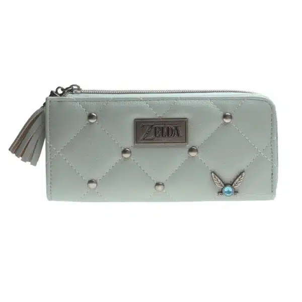 Portefeuille bleu rectangle avec un pompon sur la fermeture et un logo de zelda en bas à droite du portefeuille.