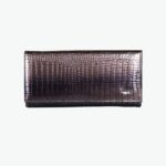 Portefeuille argenté imitation peau de crocodile posé sur une surface blanche avec une plante verte derrière le portefeuille.