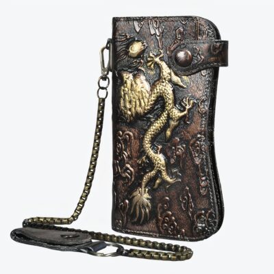 Portefeuille motard avec chaîne à motif dragon marron